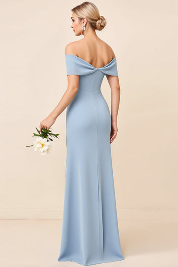Dusty Blue Off the Shoulder Ruched Long Bridesmaid Dress with Slit